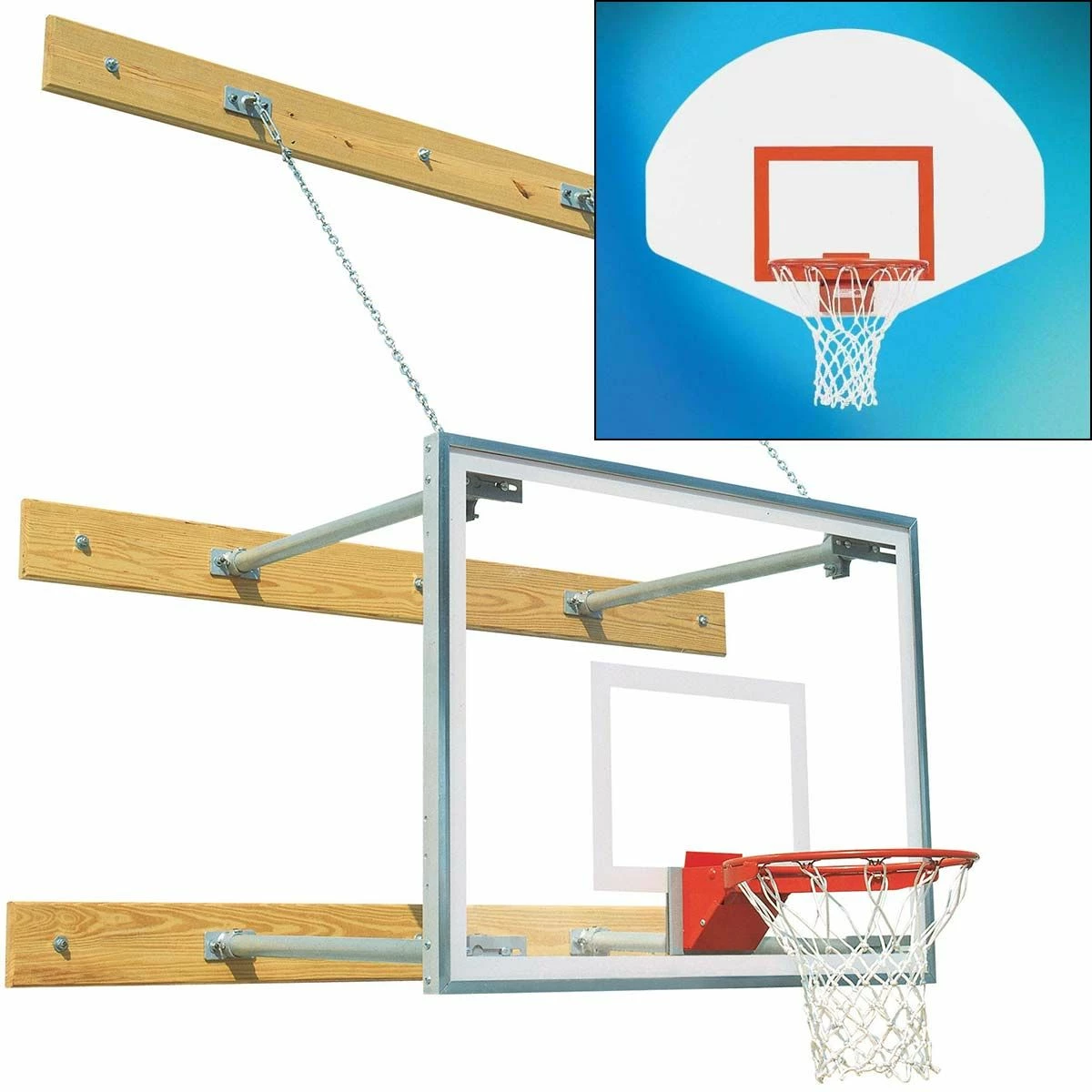Bison Wall Mounted Basketball Hoop w/ Fan Backboard, 1'-4' EXTENSION 1 Bison Wall Mounted Basketball Hoop w/ Fan Backboard, 1'-4' EXTENSION